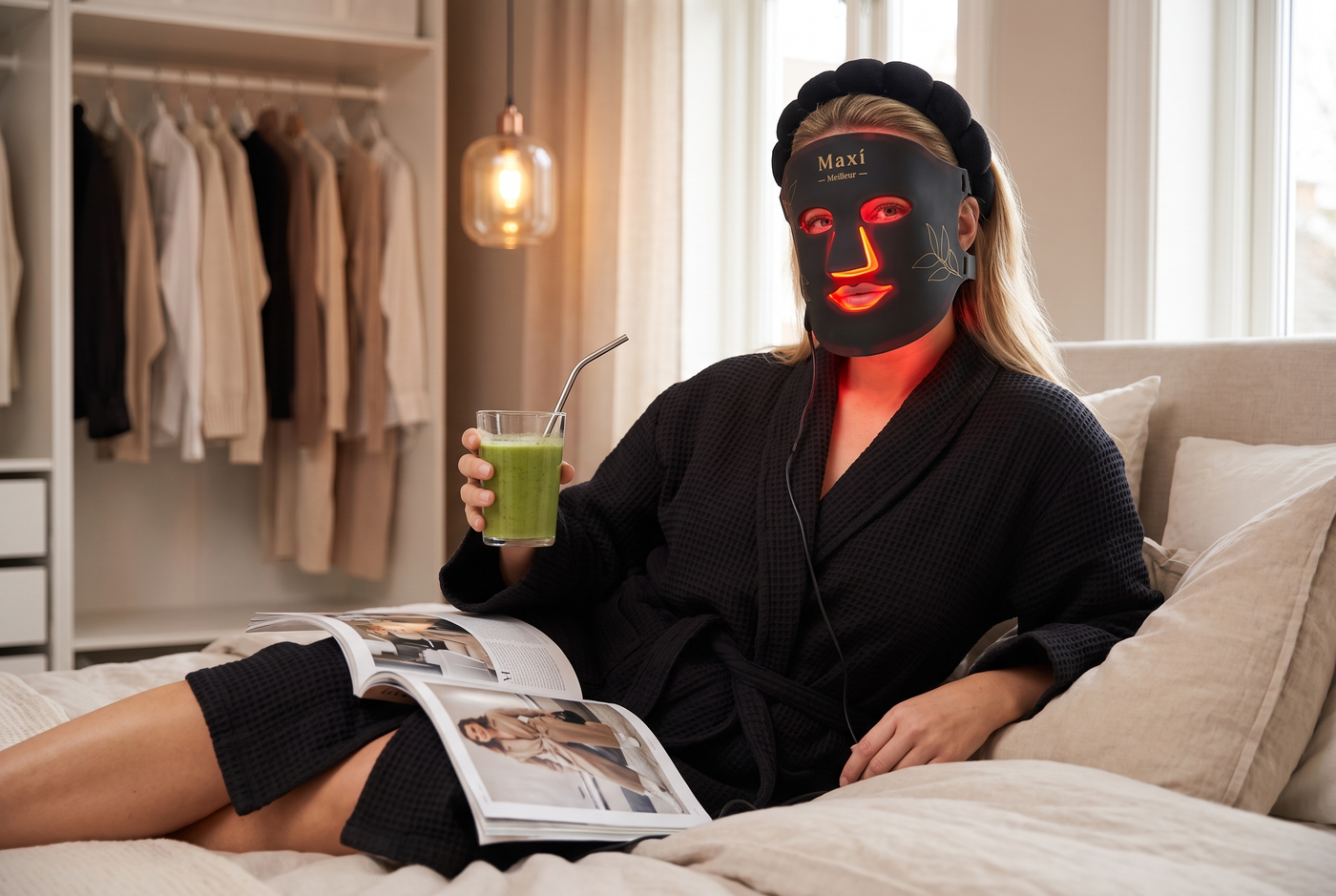Vrouw gebruikt zwart LED-masker thuis