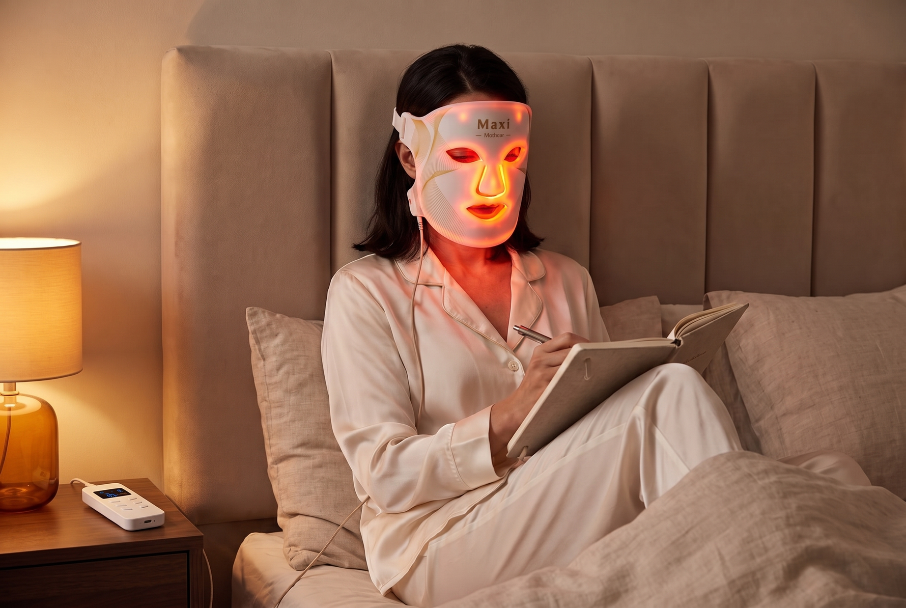 vrouw gebruikt rood licht LED-masker thuis
